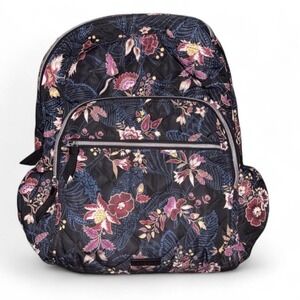 Vera Bradley Iconic Campus Backpack Dark Floral Quilted Zip Pockets Garden Dream